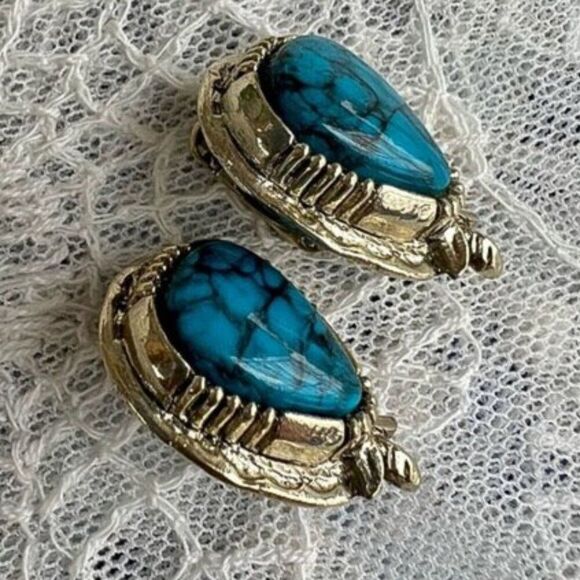 Vintage 60's 70's Signed Arthur Pepper ART Turquoise Teardrop Clip Earrings - Picture 6 of 11